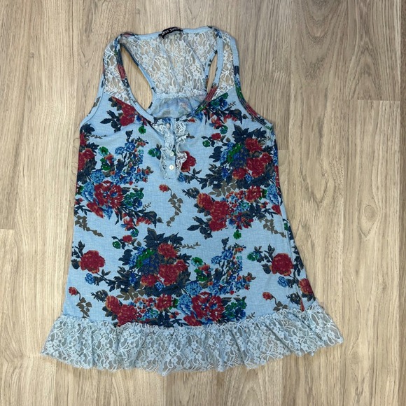 Miss SaSa Tops - Miss SaSa Blue Floral Lace Trim Tank Top Racerback Henley Coquette Cottagecore L